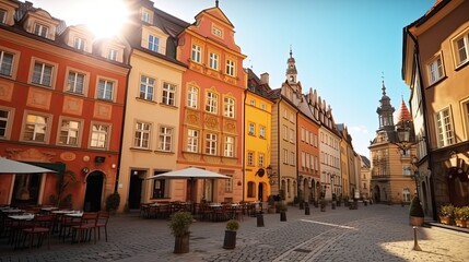 European City: Historic Architecture, Cobblestone Streets, and Outdoor Cafes