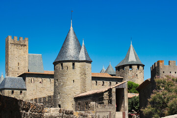 Fototapeta na wymiar The citadel of Carcassonne is a fortified medieval architectural complex of singular beauty. The citadel is World Heritage Site and is one of the most visited places in France.
