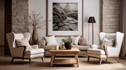 rustic living room with an armchair and a painting on the wall