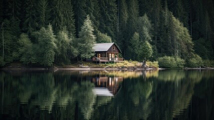 Fototapeta na wymiar A Remote Cabin by a Peaceful Lakeside
