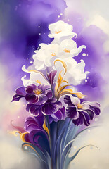 purple floral watercolor pattern of flowers in soft tones with spray of drops