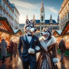 Elegantly dressed anthropomorphic husky couple strolling through a Christmas market in Vienna