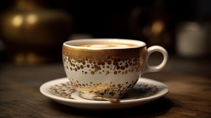 Obraz premium A Cup of Beautiful Cappuccino With Heat The Cup is White With Gold Patterns Printed on it Blurry Background