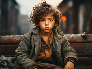 close-up of a poor orphan boy with a sad expression, his face and clothes are dirty and his eyes are full of pain - obrazy, fototapety, plakaty
