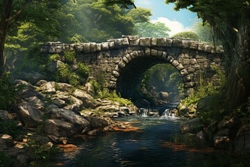 A vintage-inspired artwork depicting a picturesque stone bridge spanning across a serene river. Generative AI