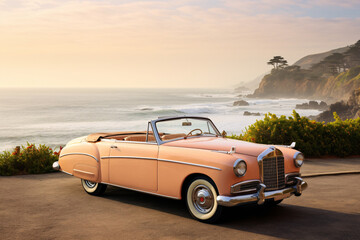 Classic vintage convertible car in pastel peachy tones parked by the seaside at sunset. Apricot Crush color trend. Design for travel agency promotions, poster, or banner with copy space for text - obrazy, fototapety, plakaty