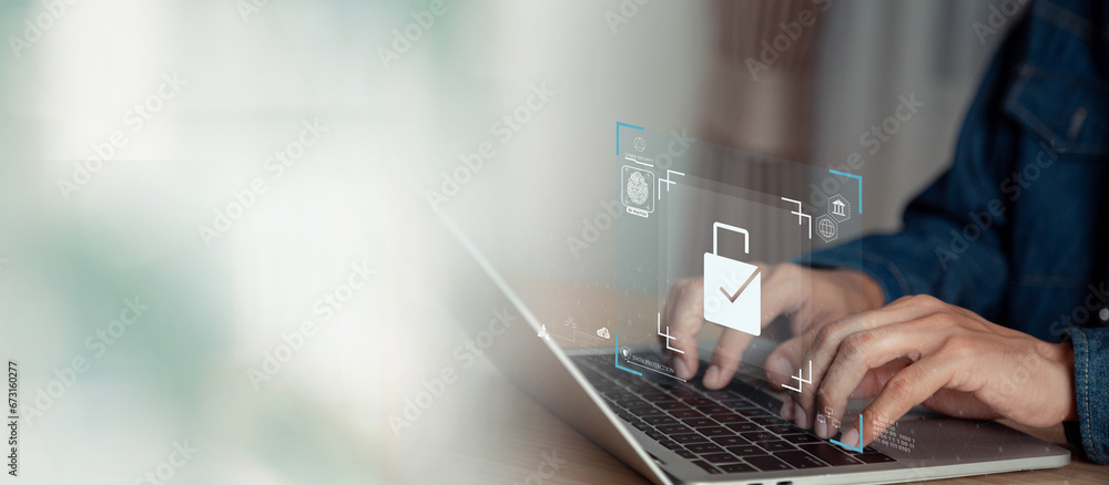 Aufkleber digital technology, internet network and cybersecurity of data center ,businessman using laptop for 