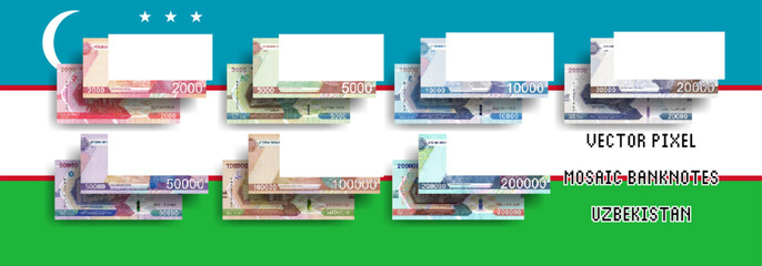 Vector set of pixel mosaic banknotes of Uzbekistan. Collection of bills in denominations of 2000, 5000, 10000, 20000, 50000, 100000 and 200000 sum. Play money or flyers. - obrazy, fototapety, plakaty