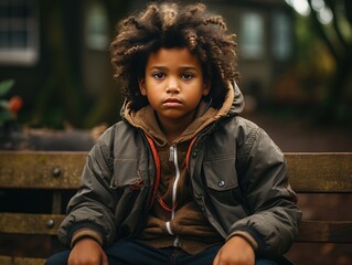 close-up of a poor african american boy with dreadlocked curls with a sad expression, his face and clothes are dirty and his eyes are full of pain