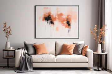 Elegant living room interior with neutral tones and abstract painting. Peach Fuzz and Apricot Crush. Color of the 2024 year. Minimalist home decor. Design for magazine layouts, banners, or backdrop