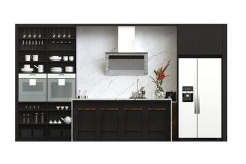 modern kitchen isolated on white background, home furniture, 3D illustration, cg render