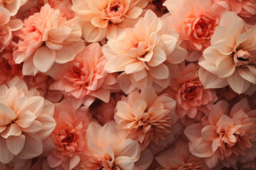 Delicate peach dahlias backdrop. Valentine's day and Mother's Day concept. Peach Fuzz color. Design for spring banners, greeting cards, or wallpaper