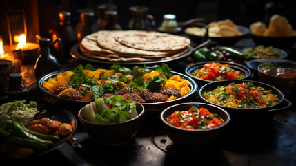 Arabic Cuisine Middle Eastern Traditional Lunch Assorted of Dishes on Blurred Background