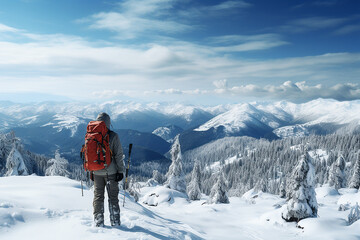 Fototapeta na wymiar Man in ski suit in winter in the mountains traveling and doing sports, active lifestyle concept