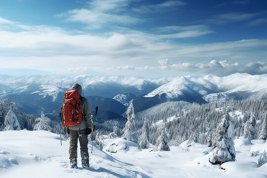 Man in ski suit in winter in the mountains traveling and doing sports, active lifestyle concept