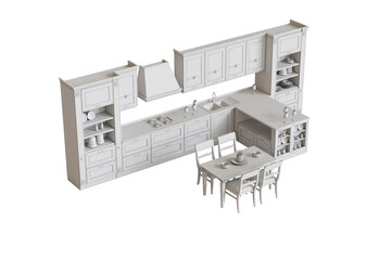 modern kitchen isolated on transparent background, home furniture, 3D illustration, cg render