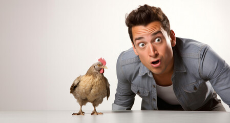 Joven hombre sorprendido mirando en frente con al lado una gallina