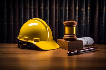 A table with a safety helmet and judge gavel representing labor and construction law. Generative AI