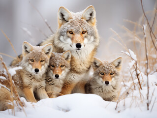 A Photo of a Coyote and Her Babies in a Winter Setting