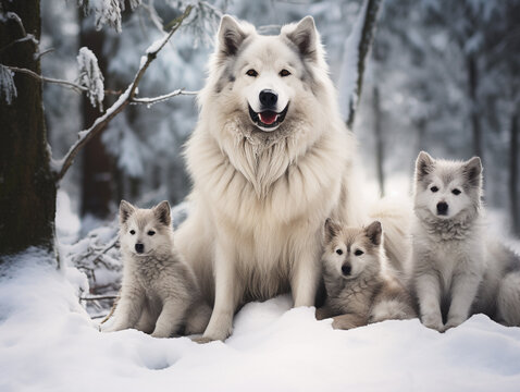 A Photo of a Dog and Her Babies in a Winter Setting