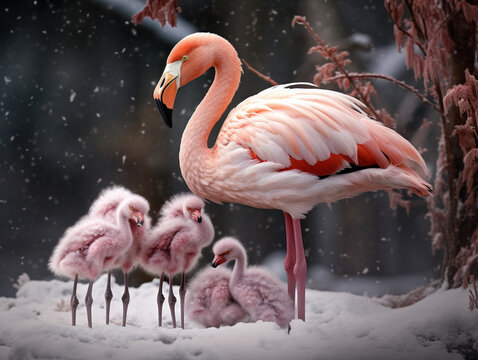 A Photo of a Flamingo and Her Babies in a Winter Setting
