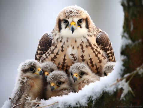 A Photo of a Falcon and Her Babies in a Winter Setting