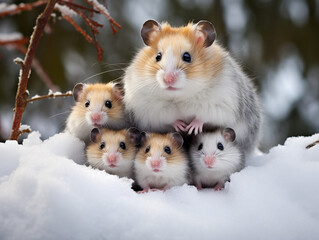 A Photo of a Hamster and Her Babies in a Winter Setting