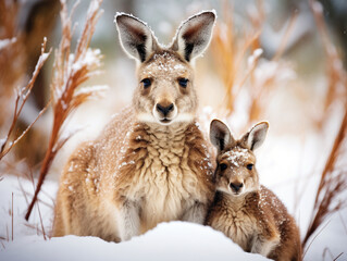 A Photo of a Kangaroo and Her Babies in a Winter Setting