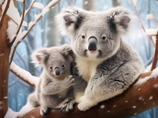 A Photo of a Koala and Her Babies in a Winter Setting
