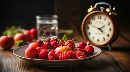 Intermittent Fasting Concept Theme of Fruits With Alarm Clock Background - obrazy, fototapety, plakaty