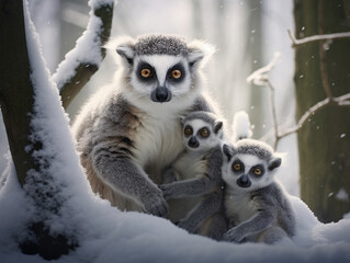Obraz premium A Photo of a Lemur and Her Babies in a Winter Setting