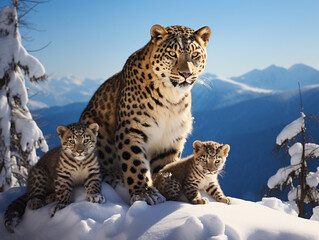 A Photo of a Leopard and Her Babies in a Winter Setting