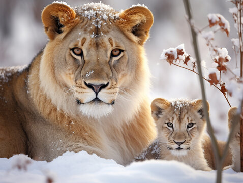 A Photo of a Lion and Her Babies in a Winter Setting