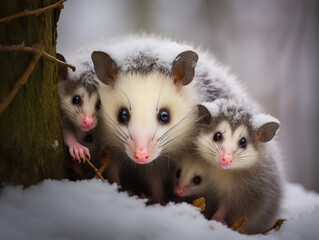 A Photo of a Opossum and Her Babies in a Winter Setting