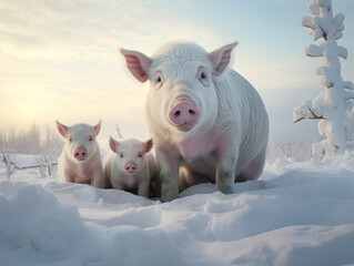 A Photo of a Pig and Her Babies in a Winter Setting