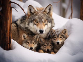 Obraz premium A Photo of a Wolf and Her Babies in a Winter Setting