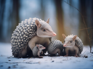 A Photo of an Armadillo and Her Babies in a Winter Setting
