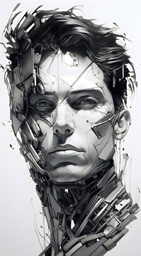 A Man's Face Is Made Of Metal And Glass, In The Style Of Futuristic Robots, Distorted And Fractured, Intricate Black And White Illustrations, Emotional Sensitivity