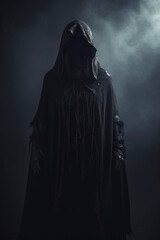 black cloaked mysterious figure in the fog. - obrazy, fototapety, plakaty