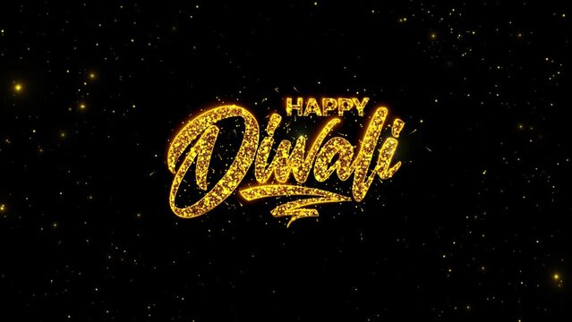 Golden Diwali Greetings wishes diya lamp, Diwali Fireworks and Rangoli and twinkling particles celebrate festival of lights. Indian festival of lights called Diwali or Deepavali.