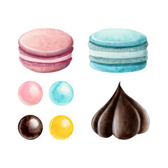 French macaroons, sugar coated round candies and chocolate sweet watercolor illustration set isolated on white background. Hand drawn desserts for cafe and bakery