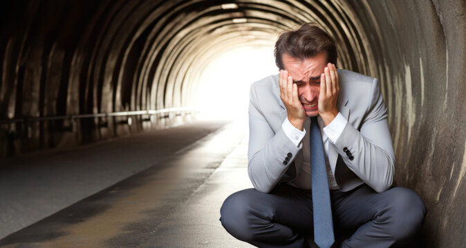 Hombre joven Adulto en elegante traje formal en el suelo agachado llorando en la calle
