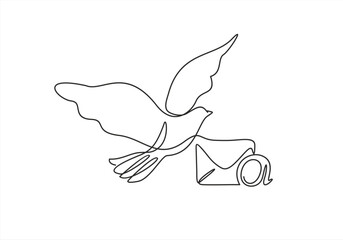 Continuous one line drawing of Flying Dove and post letter. One line art of email delivery concept. Email message post letter send illustration sketch outline drawing. One line pigeons and envelope