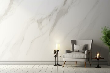 Minimalist living room interior design with marble wall, armchair, candles, decor on parquet flooring and copy space. Generative AI - obrazy, fototapety, plakaty