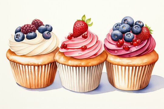 Watercolor paintings of berry-topped cupcakes. Generative AI