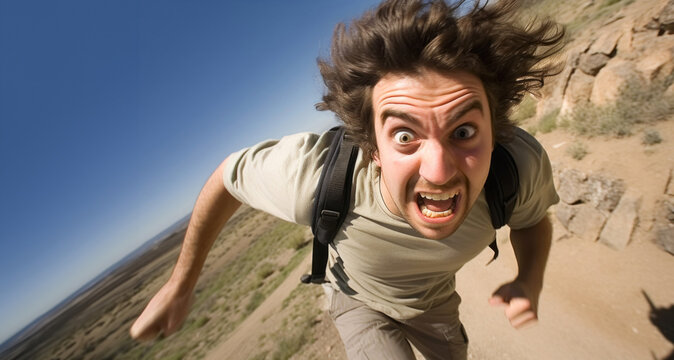 Hombre Joven Aterrorizado corriendo escapando de algo peligroso en la naturaleza