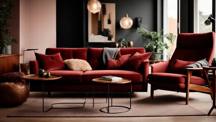 Trendy living room design in chocolate cherry shades. Generative AI