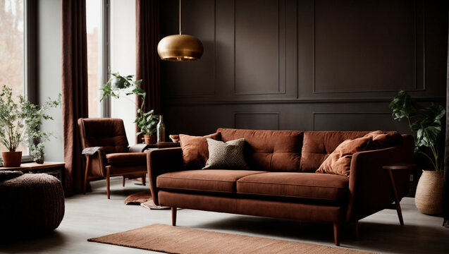 Trendy living room design in chocolate cherry shades. Generative AI