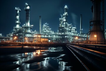 Fototapeta na wymiar Nighttime chemical factory with buildings, pipelines, and lighting. Industrial plant. Generative AI