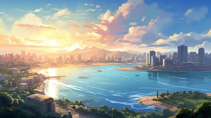 Picturesque city landscape with a cartoon summer sunrise, fluffy clouds, a tranquil lake, and a radiant sun. Anime style